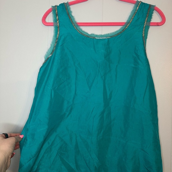 LOFT 100% Silk Teal Tank Top – Raw Edge Beaded Chain Boho Festival Top - Picture 7 of 8